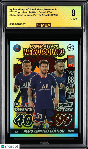 2021 Topps Match Attax Extra UEFA Champions League Power Attack Kylian Mbappe/Lionel Messi/Neymar Jr. #PAS1 MBA 9