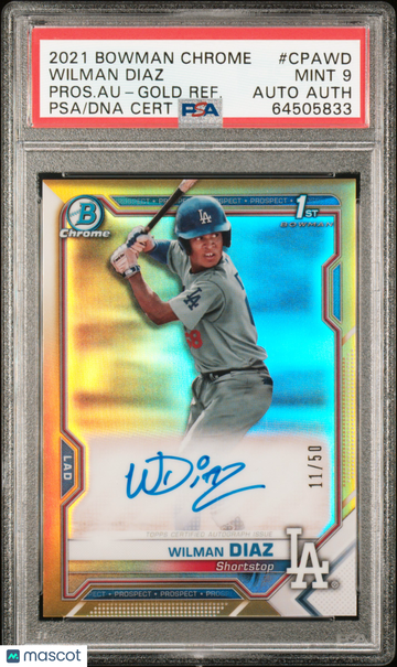 2021 Bowman Chrome Prospect Autographs Wilman Diaz #CPAWD Pros. Au Gold Refractor /50 PSA 9 Auto A