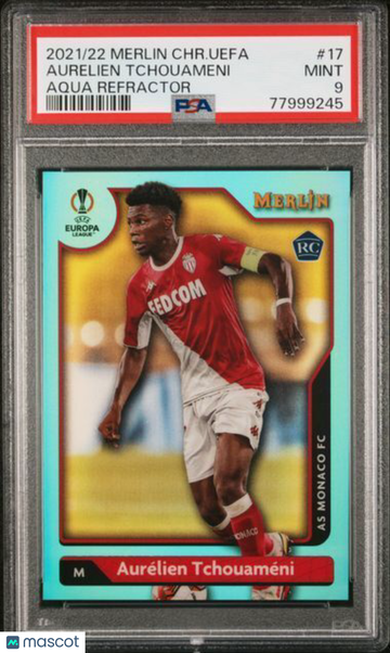 2021-2022 Topps Merlin Chrome UEFA League Aurelien Tchouameni #17 Aqua Refractor PSA 9