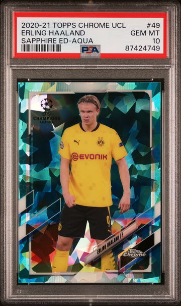 2020 TOPPS CHROME UEFA CHAMPIONS LEAGUE SAPPHIRE ERLING HAALAND AQUA #49 PSA 10