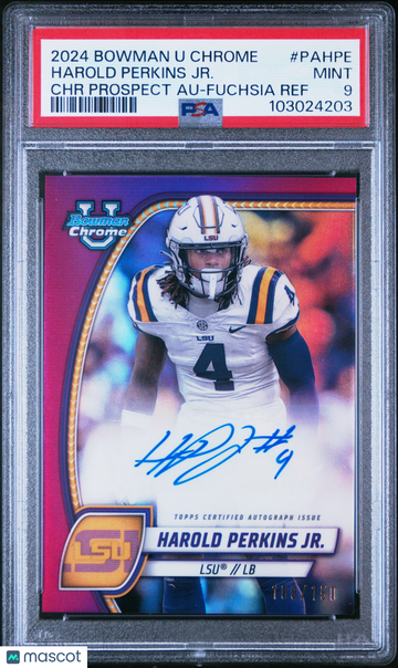 2024 Bowman University Chrome Bowman Chrome Prospect Autographs Harold Perkins Jr. #PAHPE Chr Prospect Au-Fuchsia Ref PS