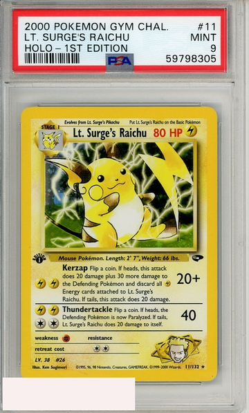 2000 POKEMON GYM CHALL LT SURGES RAICHU #11 HOLO-1ST EDITION PSA 9