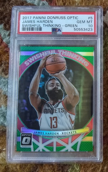 James Harden SSP /5 2017 Panini Donruss Optic SWISHFUL THINKING #5 GREEN HOLO PRIZM