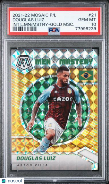 2021-2022 Panini Mosaic Premier League International Men Of Mastery Douglas Luiz #21 Int'l. MN Mstry Gold MSC. PSA 10
