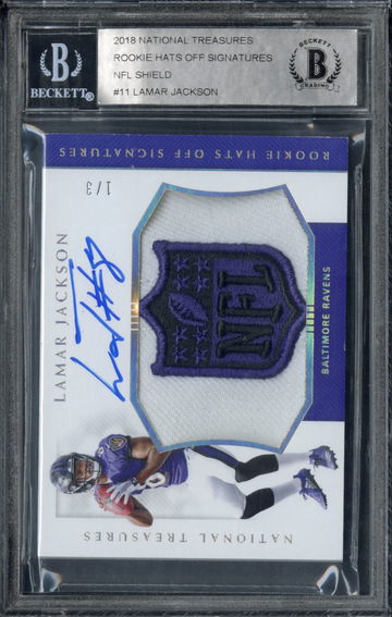 2018 National Treasures Lamar Jackson Rookie Hats Off Signatures NFL Shield /3
