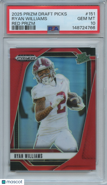 2025 Panini Prizm Draft Picks Ryan Williams #151 Red Prizm Parallel/Variety Rookie Base Set PSA 10
