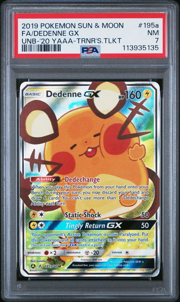 2019 Pokemon Sun and Moon Unbroken Bonds '20 Yellow A Alternate Art Trainer's Toolkit Dedenne Gx #195A PSA 7