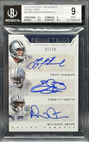 2018 National Treasures Prime Trios Dallas Cowboys Troy Aikman Michael Irvin Emmitt Smith Auto /10 BGS 9 MINT