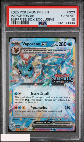 2025 POKEMON PRISMATIC EVOLUTIONS VAPOREON EX #023 SURPRISE BOX EXCLUSIVE PSA 10