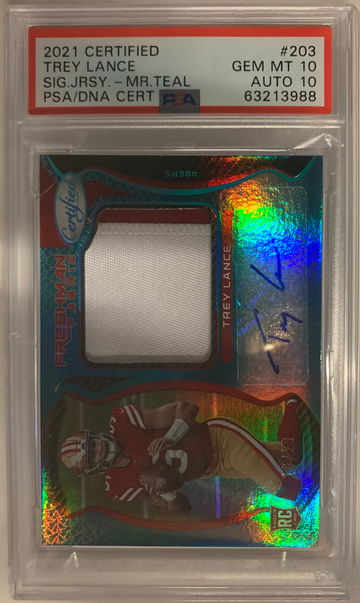 2021 Panini Certified Trey Lance Freshman Fabric Teal Etch /25 2 color RPA Rookie Patch Auto PSA 10 / 10