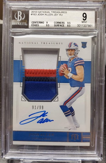 2018 National Treasures JOSH ALLEN ROOKIE 4 COLOR PATCH AUTO RPA /99 BGS 9/10