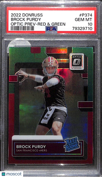 2022 Donruss Brock Purdy Optic Preview Red Green Prizm SP Rookie RC #P374 PSA 10