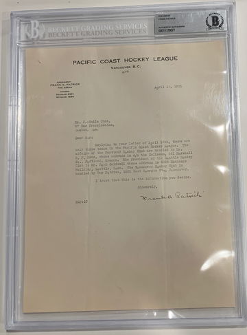 Hockey’s Rarest Signature, 1931 Letter PCHL Pacific Coast Hockey League auto by Frank Patrick BAS Authentic
