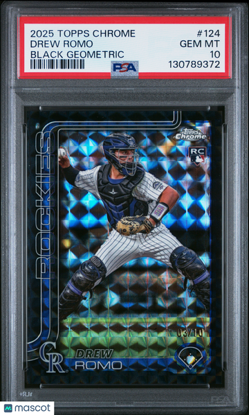 2025 Topps Chrome Drew Romo #124 Black Geometric /10 RC Rookie PSA 10