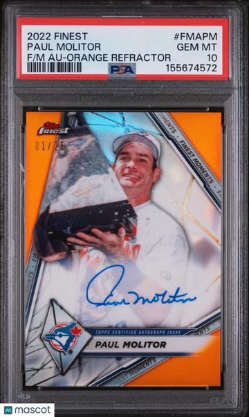 2022 Topps Finest Finest Moments Autographs Paul Molitor #FMAPM Orange Refractor /25 PSA 10
