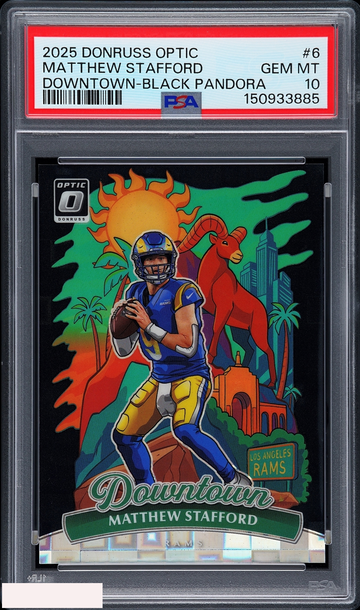2025 DONRUSS OPTIC DOWNTOWN MATTHEW STAFFORD #6 BLACK PANDORA 21 OF 25 PSA 10