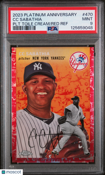 2023 Topps Chrome Platinum Anniversary CC Sabathia #470 PLT Toile Cream Red Ref PSA 9