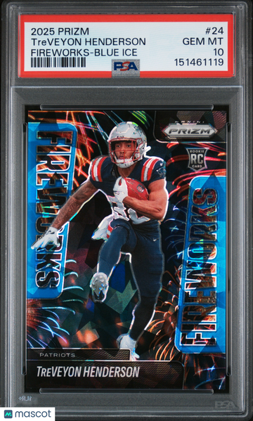 2025 Panini Prizm Fireworks Treveyon Henderson #24 Blue Ice PSA 10