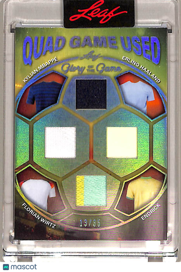 2026 Leaf Glory of the Game Quad Game Used Endrick Erling Haaland Florian Wirtz Kylian Mbappé #QG-9 /85 Quad Game Used M
