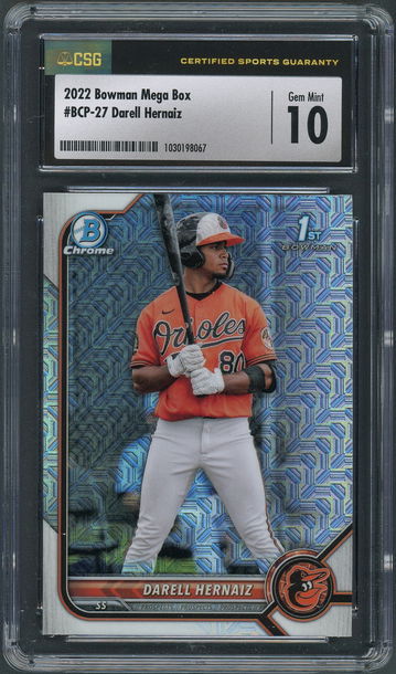 2022 Bowman Chrome Darell Hernaiz BCP-27 Mega Box - CSG Gem Mint 10 - Orioles