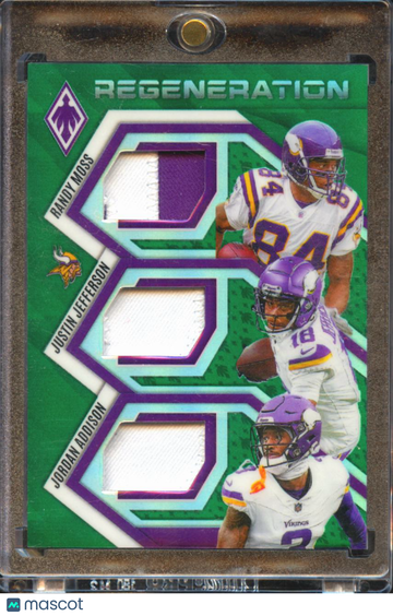 2025 Panini Phoenix Regeneration Randy Moss Jordan Addison Justin Jefferson #RGN-MIN Green /99 Triple Memorabilia