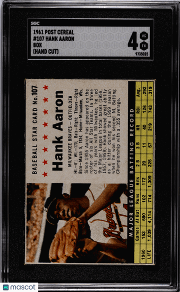 1961 Post Cereal Hank Aaron #107 Box (Hand Cut) SGC 4
