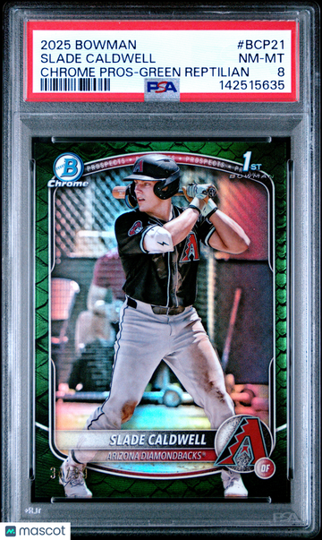 2025 Bowman Chrome Prospects Slade Caldwell #BCP21 Green Reptilian /99 PSA 8