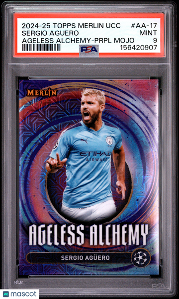 2024-2025 Topps Merlin UEFA Club Competitions Ageless Alchemy Sergio Aguero #17 Prpl Mojo PSA 9