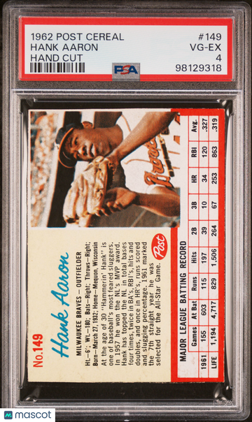 1962 Post Cereal Hank Aaron #149 Hand Cut PSA 4