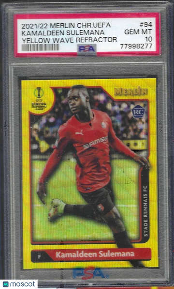 2021-2022 Topps Merlin Chrome UEFA League Kamaldeen Sulemana #94 Yellow Wave Refractor PSA 10