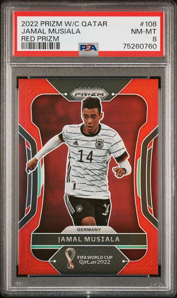 2022 PANINI JAMAL MUSIALA PRIZM WORLD CUP QATAR RED PRIZM #108 PSA 8