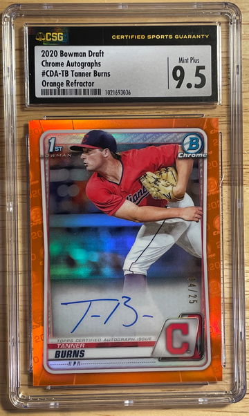 2020 Bowman Draft Chrome Autographs Tanner Burns Orange Refractor Auto #/25 Guardians Indians