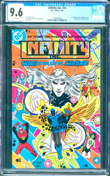 Infinity Inc. #14 (1985) CGC 9.6 -- White pages; 1st Todd McFarlane cover pub.