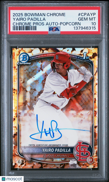2025 Bowman Chrome Prospect Autographs Yairo Padilla #CPAYP Popcorn /5 Rookie PSA 10