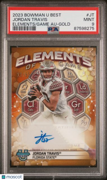 2023 Bowman University Best Elements Of The Game Autographs Jordan Travis #JT Gold PSA 9