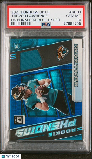 2021 Panini Donruss Optic Rookie Phenoms Horizontal Memorabilia Trevor Lawrence RK. Phnm. H Blue Hyper #RPH1 PSA 10