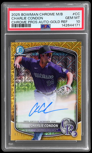 2025 Bowman Chrome Mega Box Charlie Condon Purple Jersey Prospect Autograph Gold Refractor PSA 10