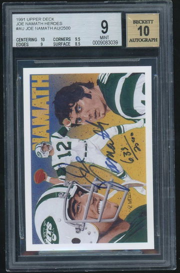1991 Upper Deck Football Heroes Joe Namath #AU Auto /2500 BGS 9 Auto 10
