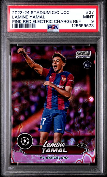 2023-24 TOPPS STADIUM CLUB UEFA UCC LAMINE YAMAL PINK RED ELECTRIC #27 RC PSA 9