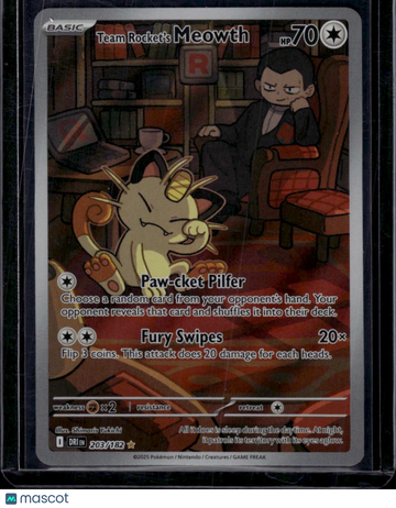 2025 Destined Rivals Team Rocket's Meowth Holo Secret Rare #203/182
