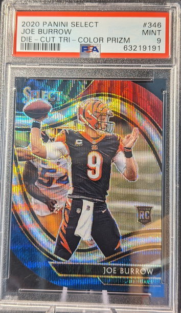 2020 Panini Select Joe Burrow Field Level Tri-Color Die-Cut Prizm PSA 9