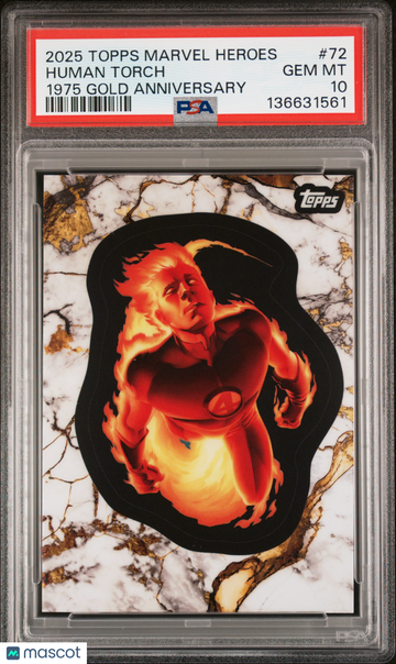 2025 Topps Marvel Comic Book Heroes 1975 Gold Anniversary Human Torch #72 PSA 10
