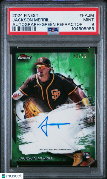 2024 Topps Finest Finest Autographs Jackson Merrill #FAJM Green Refractor /75 Short Print Parallel/Variety Rookie PSA 9