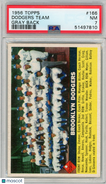 1956 Topps Dodgers Team #166 Gray Back PSA 7