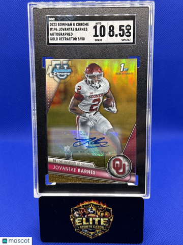 2023 Bowman University Chrome Jovantae Barnes #196 Chrome Prospect Autographs Gold Refractor SN AU SGC 8.5 Auto 10