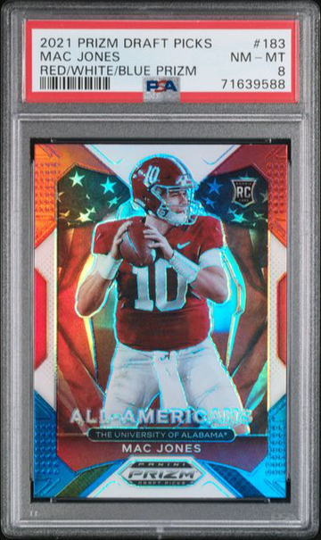 2021 PANINI PRIZM DRAFT PICKS MAC JONES RED WHITE BLUE #183 PSA 8