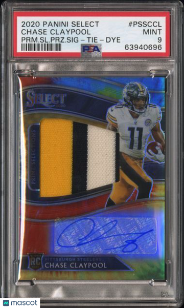 2020 Panini Select Prime Selections Prizm Signatures Chase Claypool #PSSCCL PRM. SL. PRZ. SIG Tie Dye PSA 9