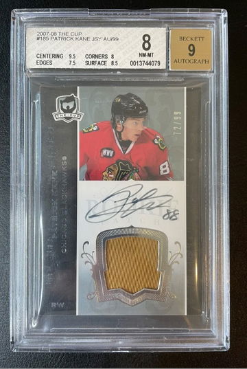 2007-08 The Cup Patrick Kane Rookie Patch Auto /99 BGS 8