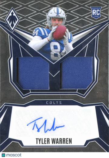 Tyler Warren 2025 Panini Phoenix Football Dual Memorabilia RC Authentic Memorabilia Auto /249 Indianapolis Colts