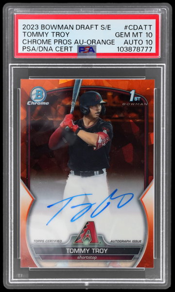2023 Bowman Chrome Draft Sapphire Edition Tommy Troy Prospect Autograph Orange Refractor PSA 10 AUTO